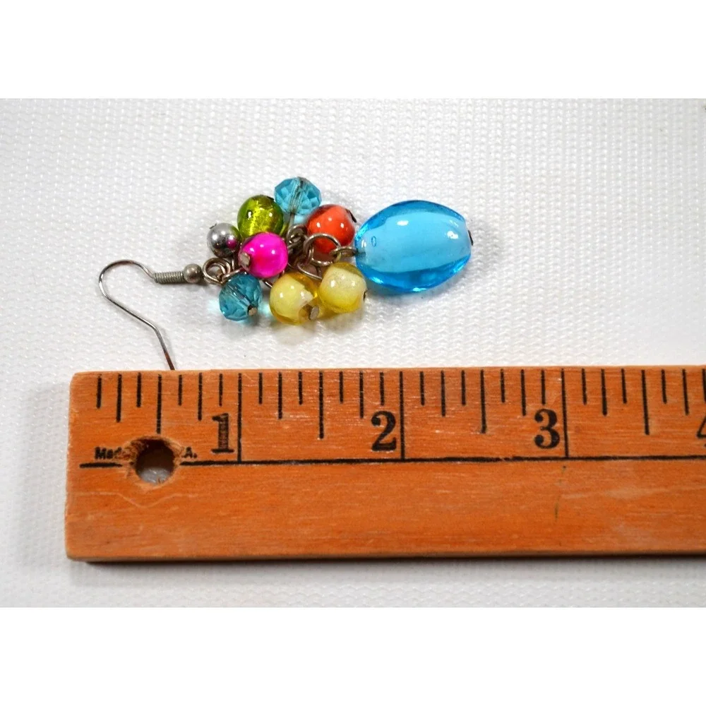 Silver Tone Hook Pierced Earrings Multi Color Glass & Plastic‎ Beads 2.5